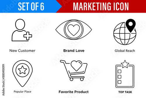 Six minimalist informational line icons representing key marketing concepts like new customer, brand love, global reach, and popular product