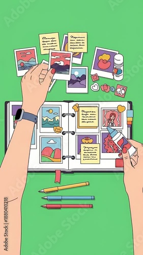 Creative Hands Arranging Photos and Notes in Scrapbook