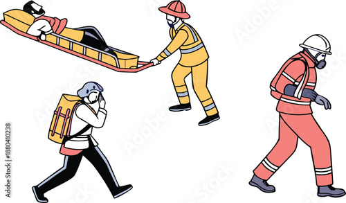 Firefighters in hazmat suits responding to emergency with stretcher