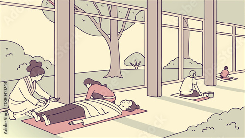 Serene spa therapy session with skilled therapist and clients in peaceful indoor garden