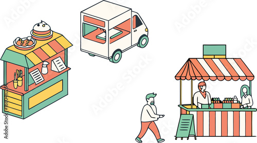 Vibrant street food vendors and delivery truck in action