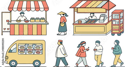 Vibrant street food market scene with people walking and vendors serving