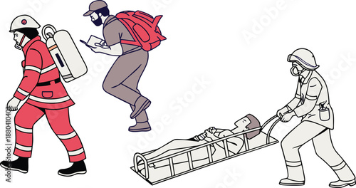 Emergency responders in action saving life with stretcher