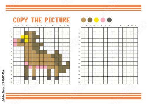 Copy the picture grid drawing worksheet for kids. Pixel art horse