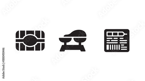 Vector Illustration Of Credit Card, Weighing Scales And Medical Record For Finance, Law And Healthcare Concept