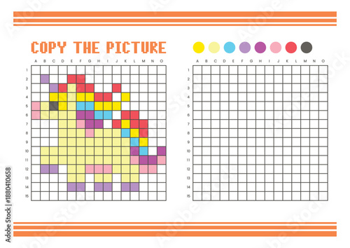 Copy the picture grid drawing worksheet for kids. Pixel art fantasy pony