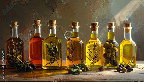 Various bottles of infused cooking oil stand in a row. Olives and herbs are present