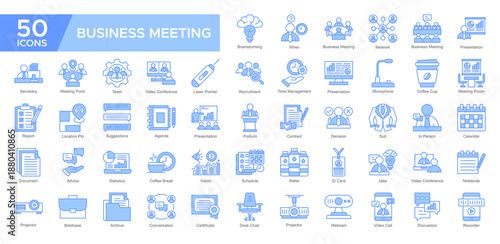 Business Meeting collection set. Brainstroming, Business Meeting ,Network, Presentation, Business Meeting, Recruitment , Team Management, Vision, icon. Simple Blue vector illustration