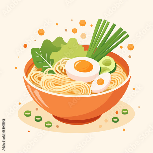 A vibrant orange bowl filled with steaming noodles and fresh vegetables.