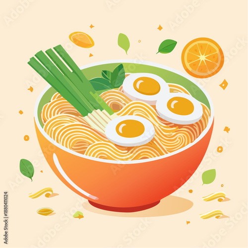 Vibrant bowl of ramen noodles with eggs and vegetables.