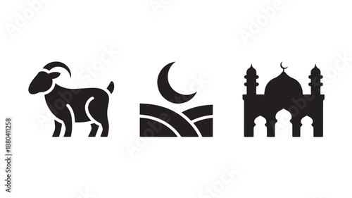 Vector Illustration Of Goat, Crescent Moon And Mosque For Eid Al-Adha Celebration Concept
