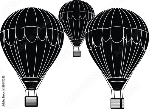 Black Silhouette of Three Hot Air Balloons Flying in the Sky, Decorative Vector Illustration for Travel, Adventure and Festival Graphic Design