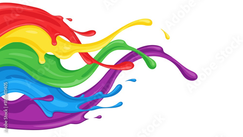 Rainbow paint splashes flowing diagonally on a white background