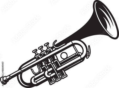 Trumpet silhouette, trumpet silhouette style icon, trumpet musical instrument brass wind, music sound melody song musical art and composition theme, trumpet on a white background