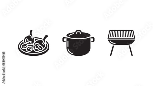 Vector Illustration Of Grilled Food On Plate, Cooking Pot And Bbq Grill For Outdoor Cooking And Dining Concept