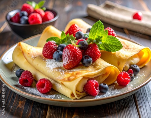 Cinematic advertising close-up of crepes plated artistically, fresh berries and cream placed naturally, soft shadows and highlights from professional studio lighting