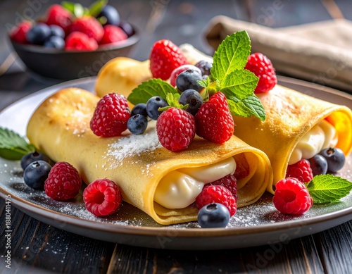 Cinematic advertising close-up of crepes plated artistically, fresh berries and cream placed naturally, soft shadows and highlights from professional studio lighting, bright clean background