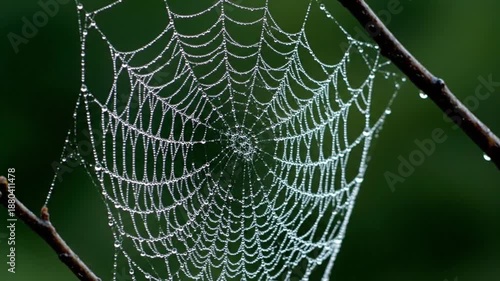 A mesmerizing close-up video captures a delicate spider web glistening with hundreds of tiny dew drops, anchored between dark tree branches against a soft green backdrop.