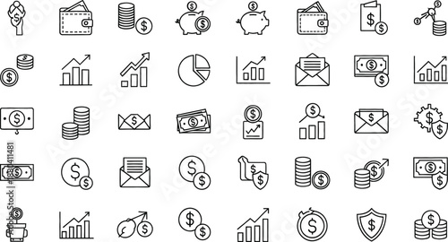 Financial icons set with money and charts