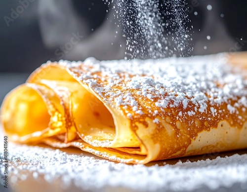 Cinematic macro food photography of a warm crepes surface dusted with powdered sugar, individual sugar particles clearly visible, soft steam rising naturally, bright clean studio background