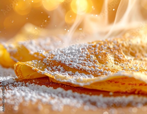 Macro food photography of a warm crepes surface dusted with powdered sugar, individual sugar particles clearly visible, soft steam rising naturally, bright clean studio background