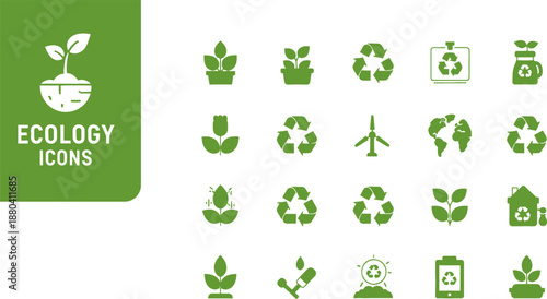 Green ecology icons set with plants and recycling symbols
