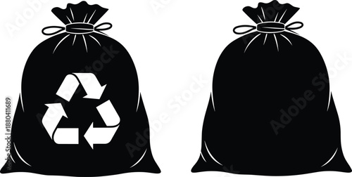 Black Silhouette Set of Plastic Garbage Bags with Recycling Symbol for Waste Management, Environmental Protection, and Trash Disposal Graphic Elements