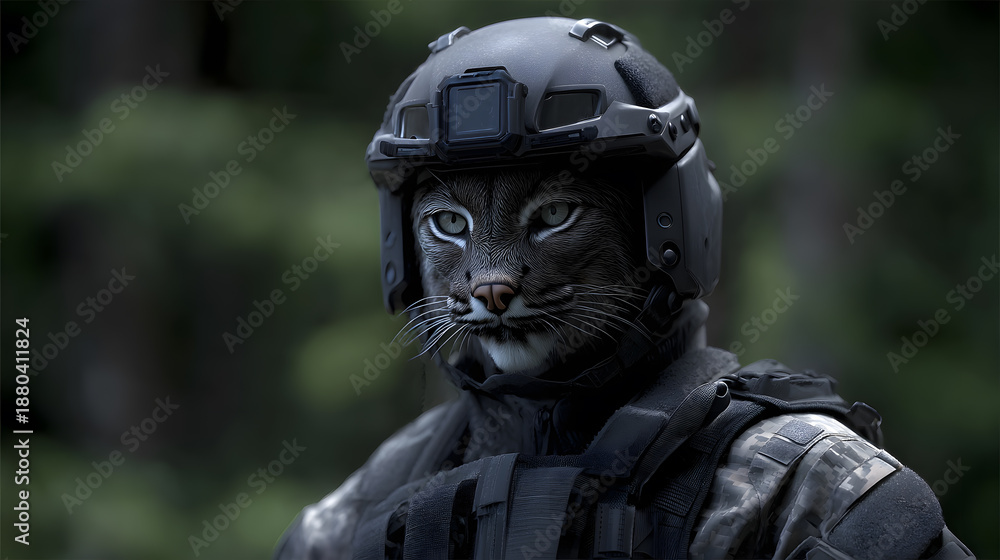 Obraz premium Military Cat: A serious cat wearing military gear looks stoic, ready for a mission in a forest.