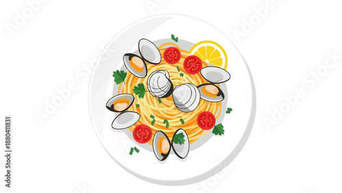 Spaghetti with clams tomatoes lemon and parsley on a white plate
