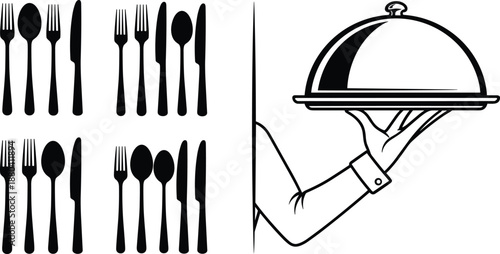 Black Silhouette Set of Restaurant Cutlery Icons and Waiter Hand Carrying a Silver Service Cloche Tray for Fine Dining Hospitality