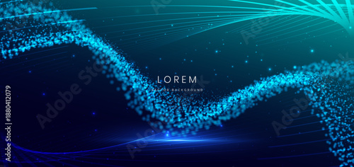 Dotted glowing wave futuristic tech on dark blue background.