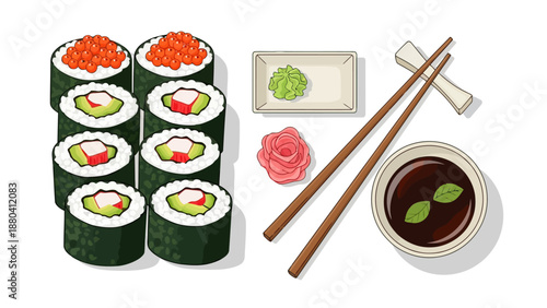 Sushi platter with toppings chopsticks wasabi and soy sauce