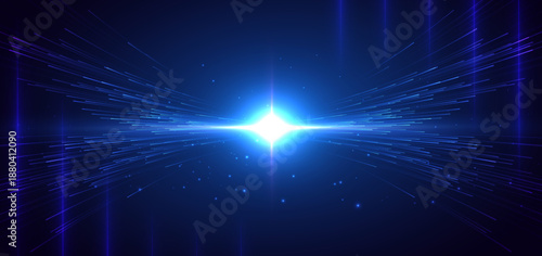 Hi speed blue light lines with lighting effect and sparkle on dark blue background.