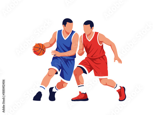 Flat vector illustration of two basketball players in action