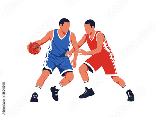 Flat vector illustration of two basketball players in action