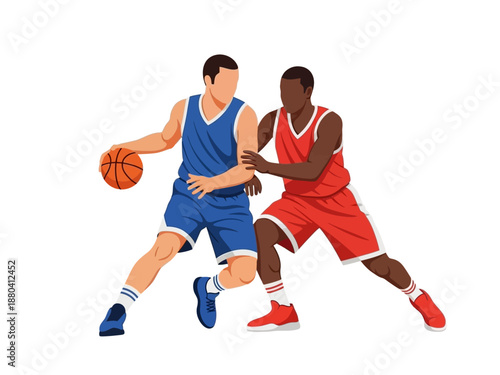 Flat vector illustration of two basketball players in action