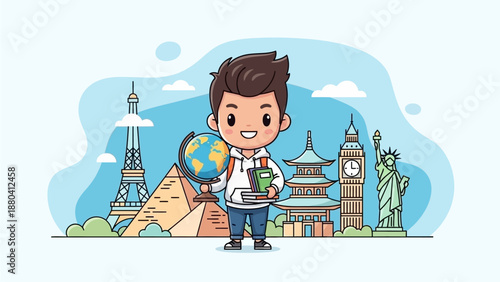 Cute Boy Holding Globe with Famous World Landmarks