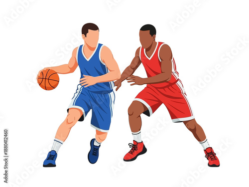 Flat vector illustration of two basketball players in action