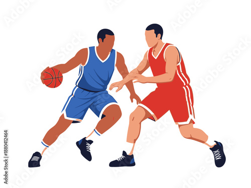 Flat vector illustration of two basketball players in action
