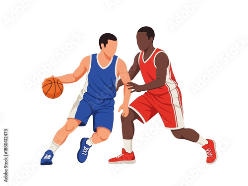 Flat vector illustration of two basketball players in action