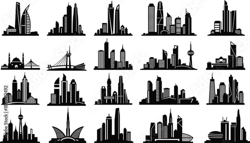 Collection of black city skyline silhouettes featuring diverse urban architecture, skyscrapers, towers, landmarks, and modern cityscapes for professional graphic design.
