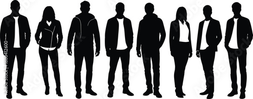 Collection of black casual people silhouettes featuring diverse men and women in everyday outfits, jackets, and standing poses for lifestyle.