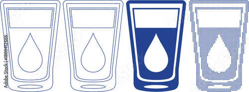 Water glass icon set four different presentation styles blue tone