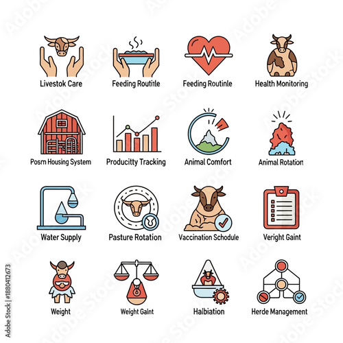 Cow Farm Management Icons Set Illustration.