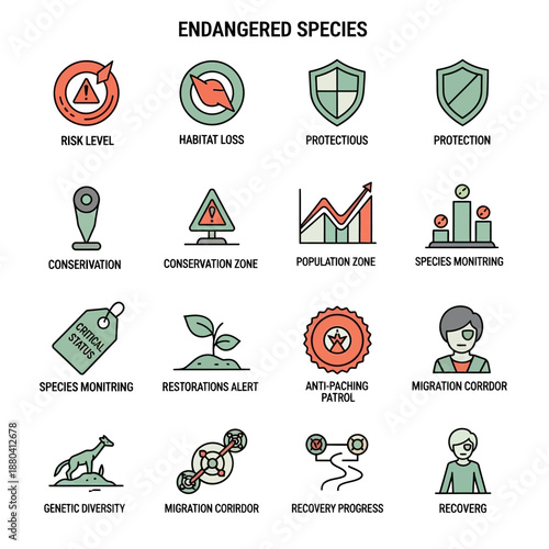 Endangered Species Conservation Icons Set.