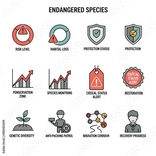 Endangered Species Icons and Symbols Illustration.