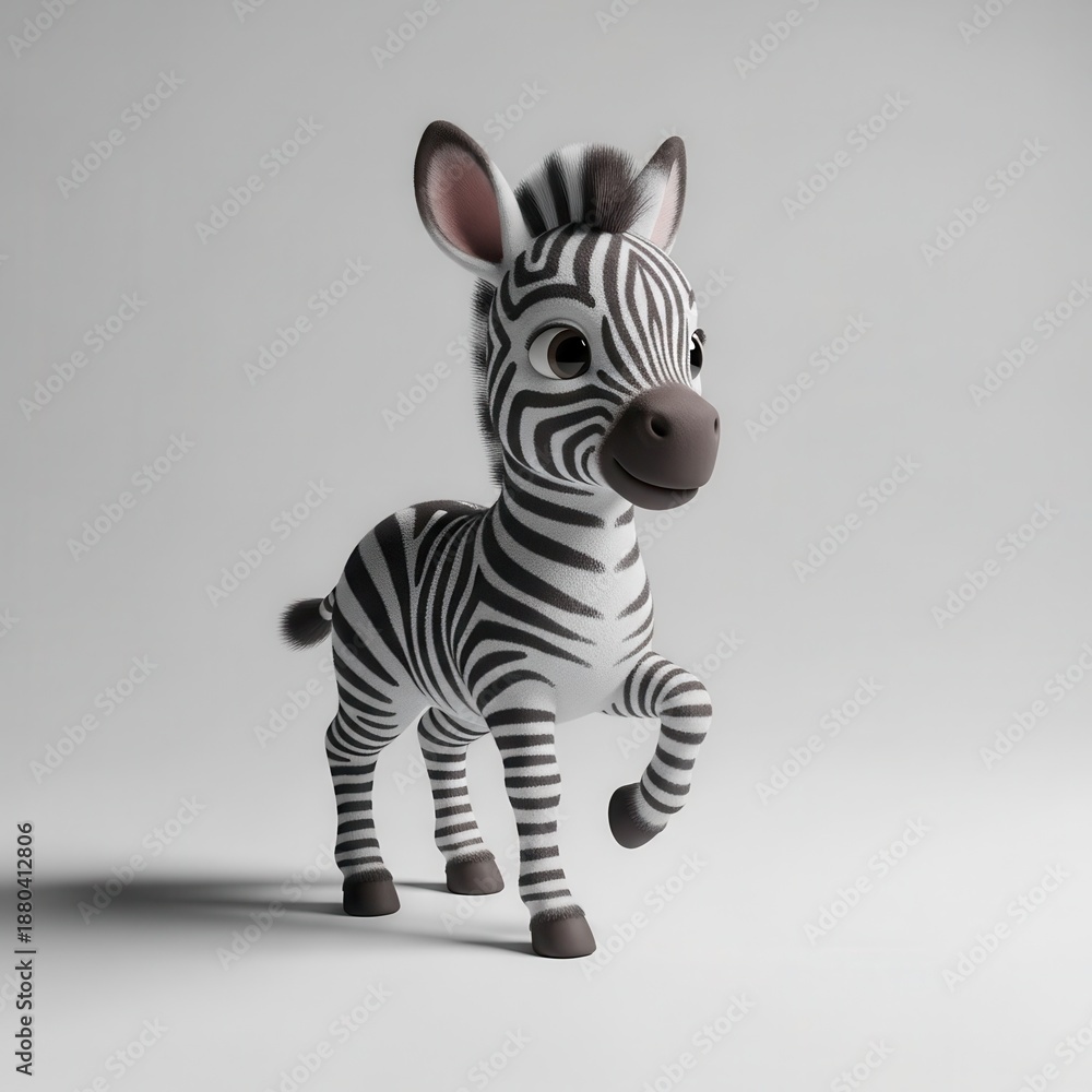Fototapeta premium Three dimensional cartoon young zebra character walking forward on a light background