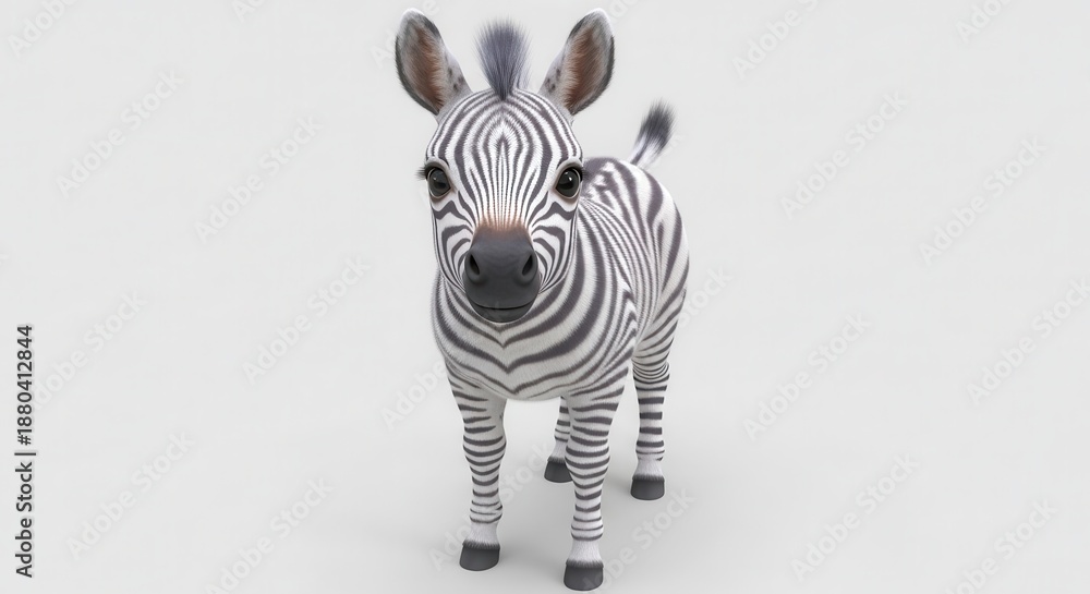 Fototapeta premium Small, adorable young equine mammal with distinct black and white striping stands facing forward against a plain background.