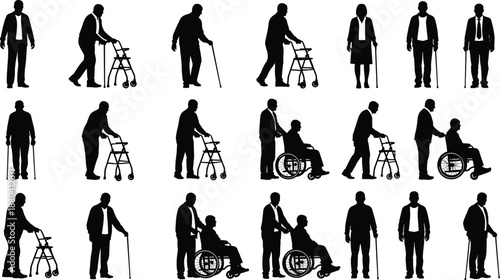Collection of black elderly silhouettes featuring senior people with walkers, wheelchairs, canes, and caregivers for healthcare, disability, and nursing home.