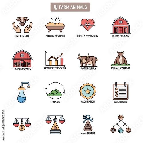 Farm Animals and Related Icons Set.